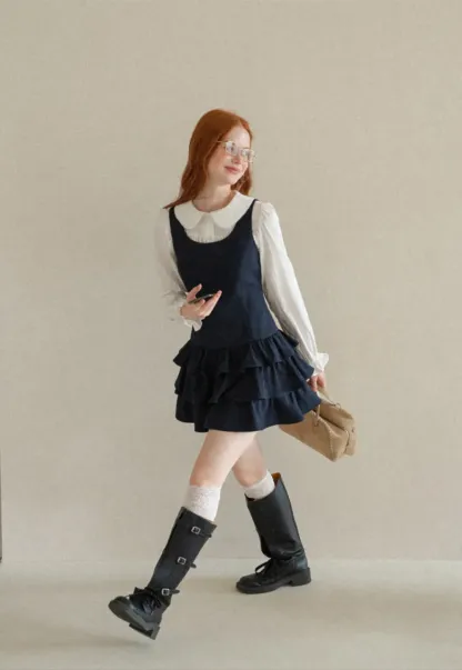 Peter Pan Collar Tiered Ruffle Sleeveless Dress