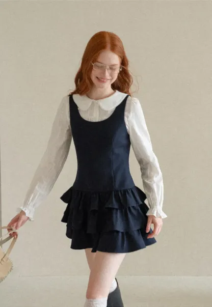 Peter Pan Collar Tiered Ruffle Sleeveless Dress