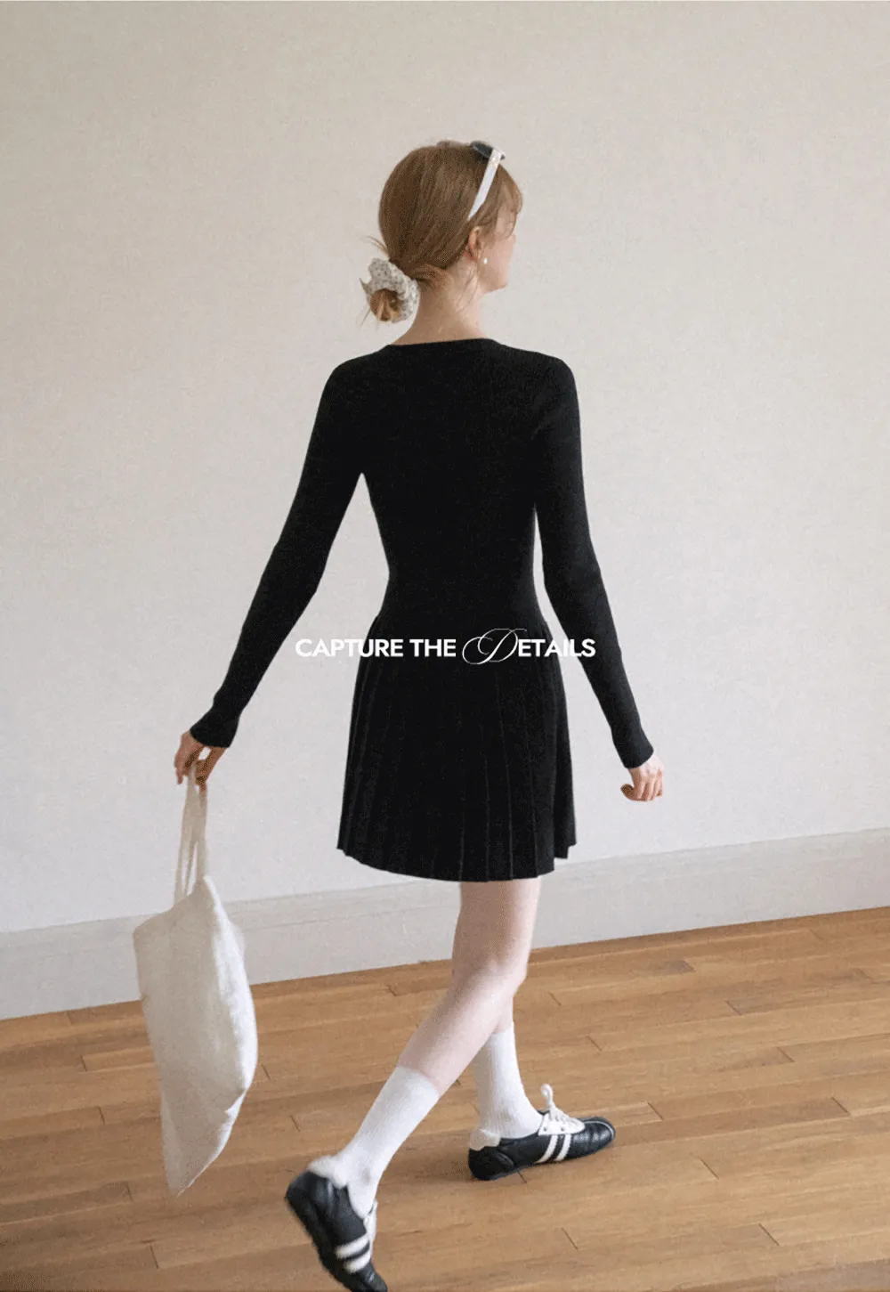 Ribbed Knit V Neck Long Sleeve Pleated Mini Dress