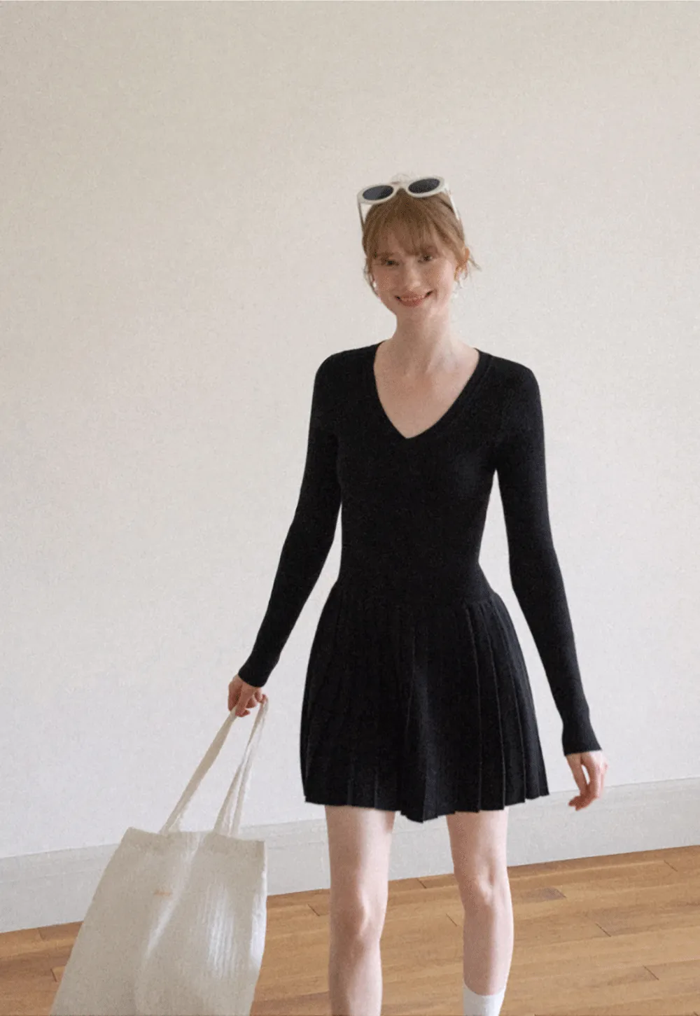 Ribbed Knit V Neck Long Sleeve Pleated Mini Dress
