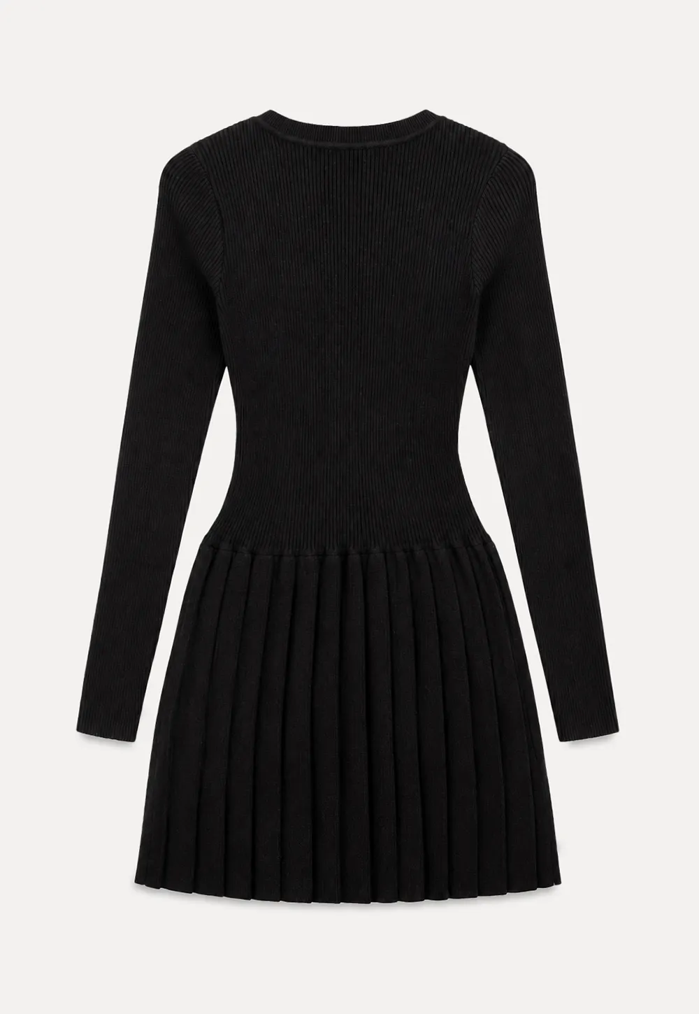 Ribbed Knit V Neck Long Sleeve Pleated Mini Dress