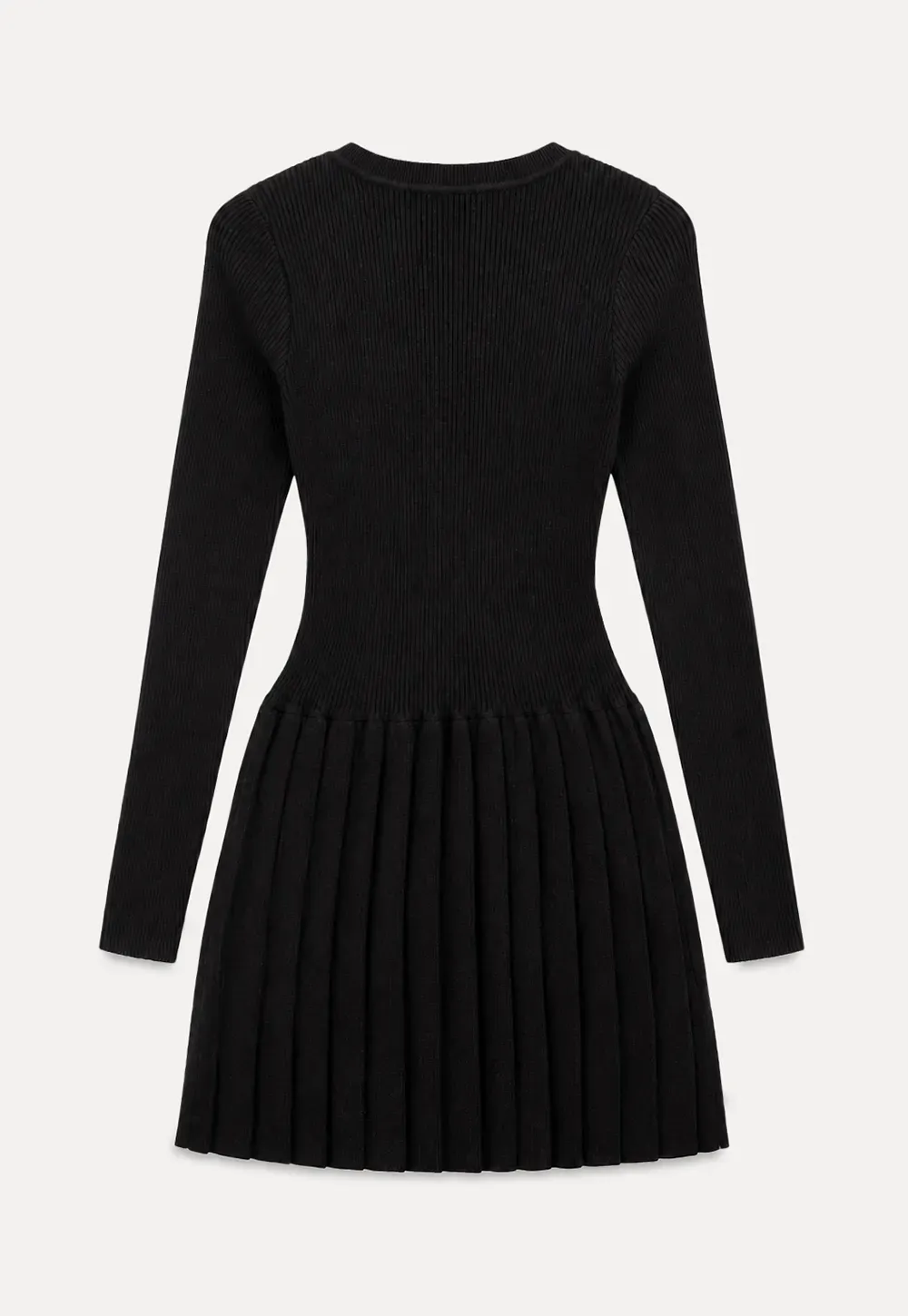 Ribbed Knit V Neck Long Sleeve Pleated Mini Dress