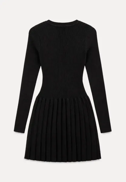 Ribbed Knit V Neck Long Sleeve Pleated Mini Dress