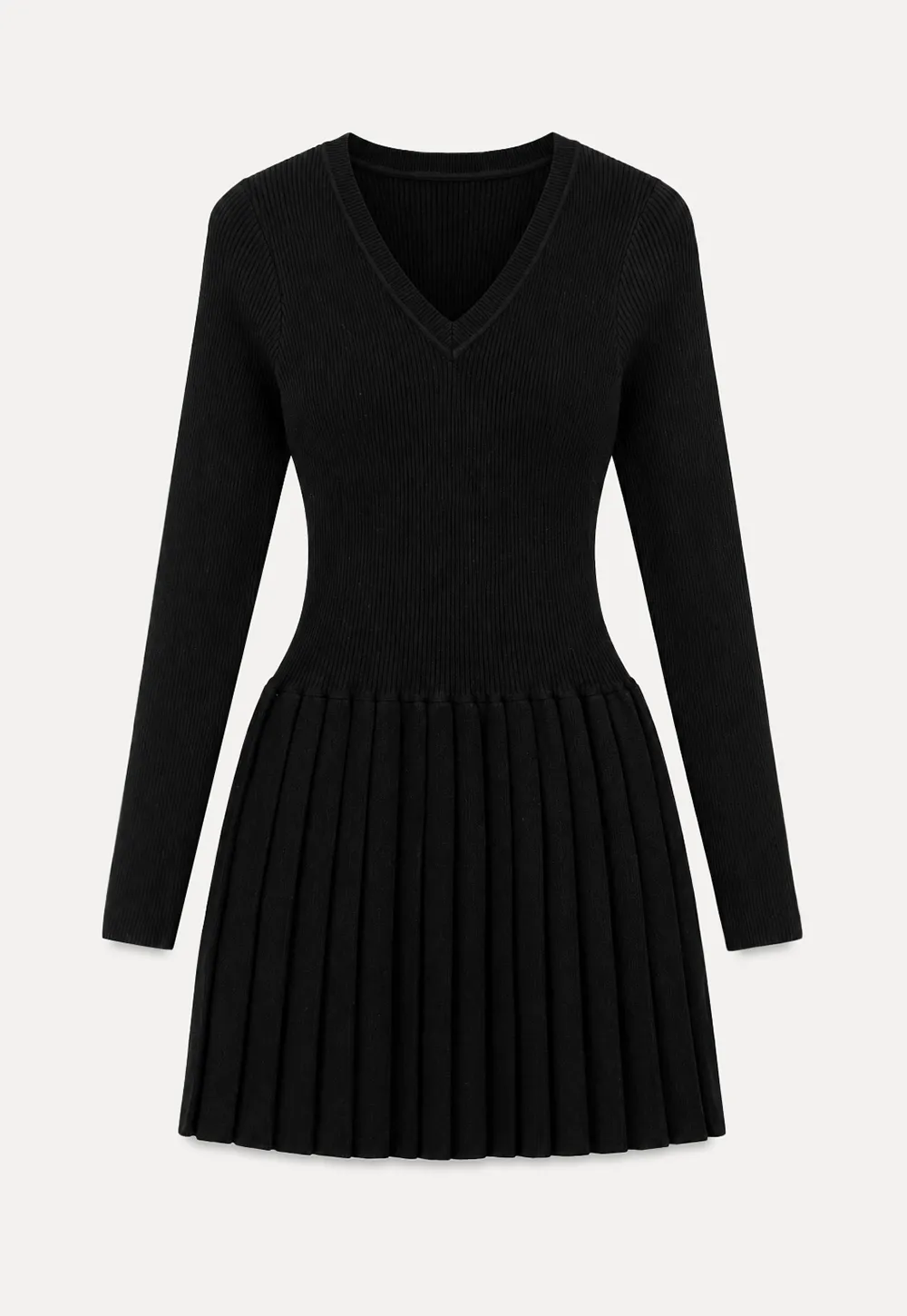 Ribbed Knit V Neck Long Sleeve Pleated Mini Dress