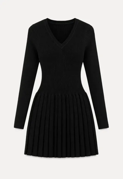 Ribbed Knit V Neck Long Sleeve Pleated Mini Dress