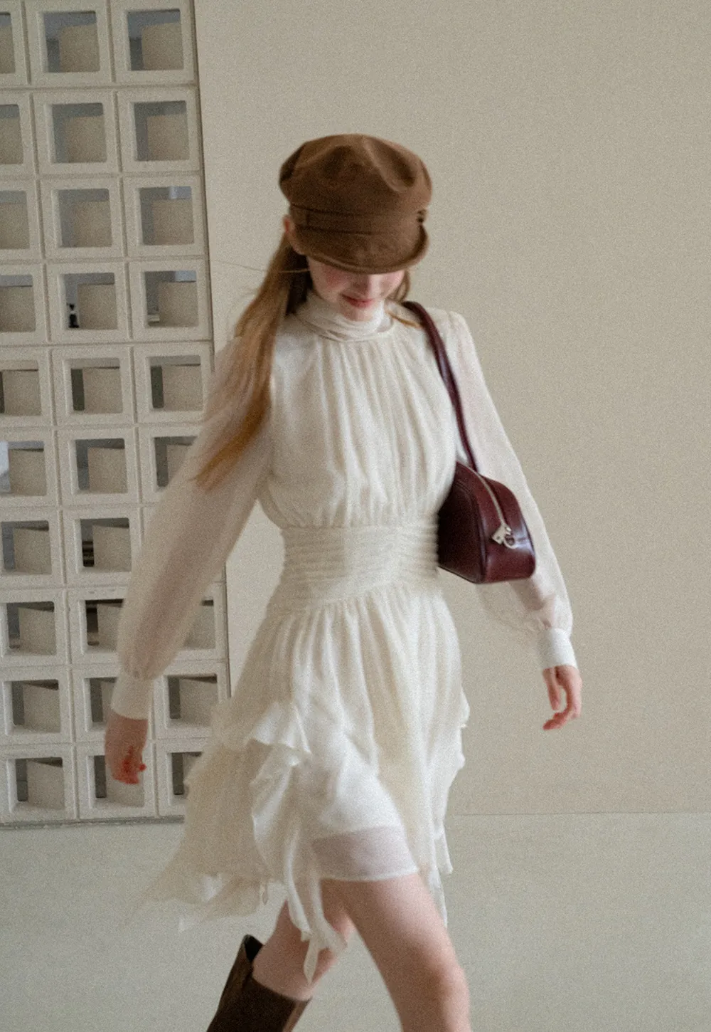 High Neck Pleated Long Sleeve Ruffled Hem Dress