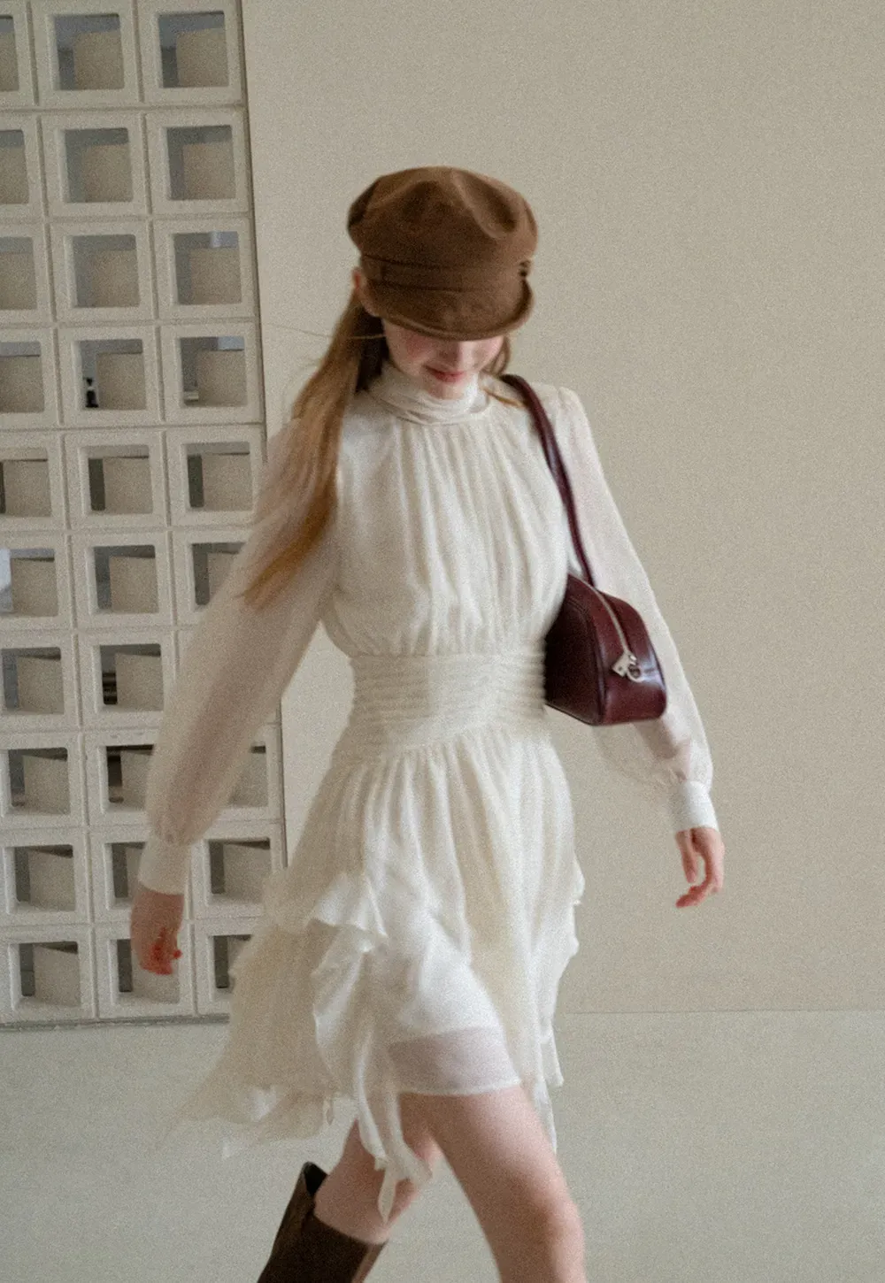 High Neck Pleated Long Sleeve Ruffled Hem Dress