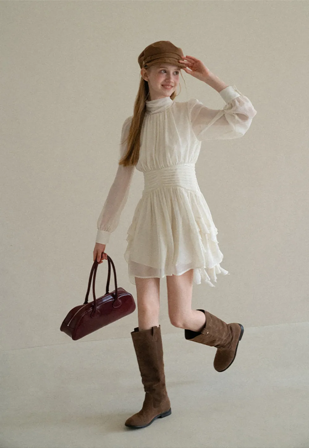 High Neck Pleated Long Sleeve Ruffled Hem Dress