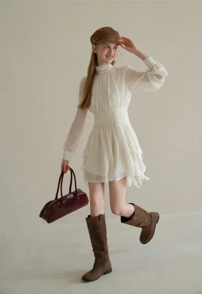 High Neck Pleated Long Sleeve Ruffled Hem Dress