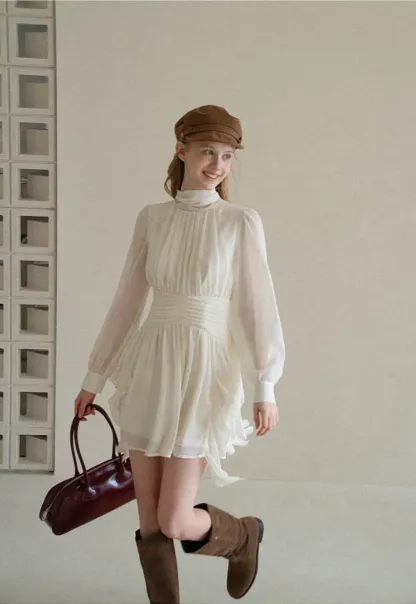 High Neck Pleated Long Sleeve Ruffled Hem Dress