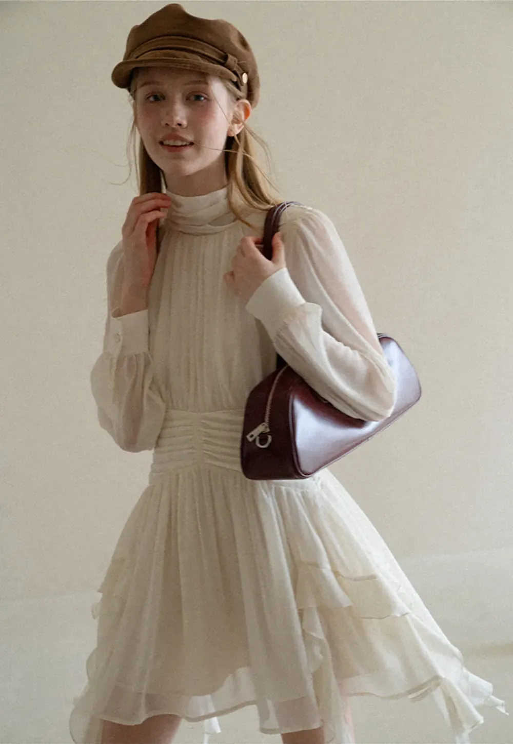 High Neck Pleated Long Sleeve Ruffled Hem Dress