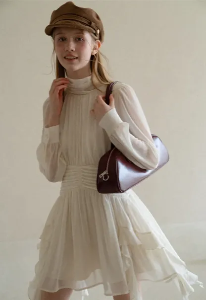 High Neck Pleated Long Sleeve Ruffled Hem Dress