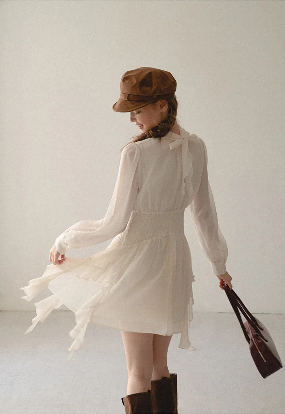 High Neck Pleated Long Sleeve Ruffled Hem Dress