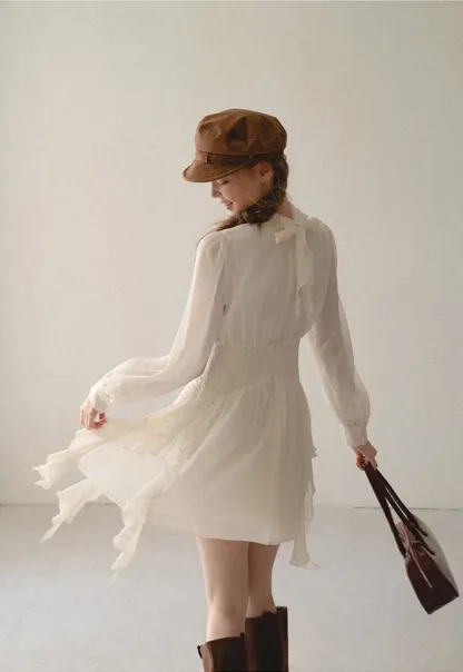 High Neck Pleated Long Sleeve Ruffled Hem Dress