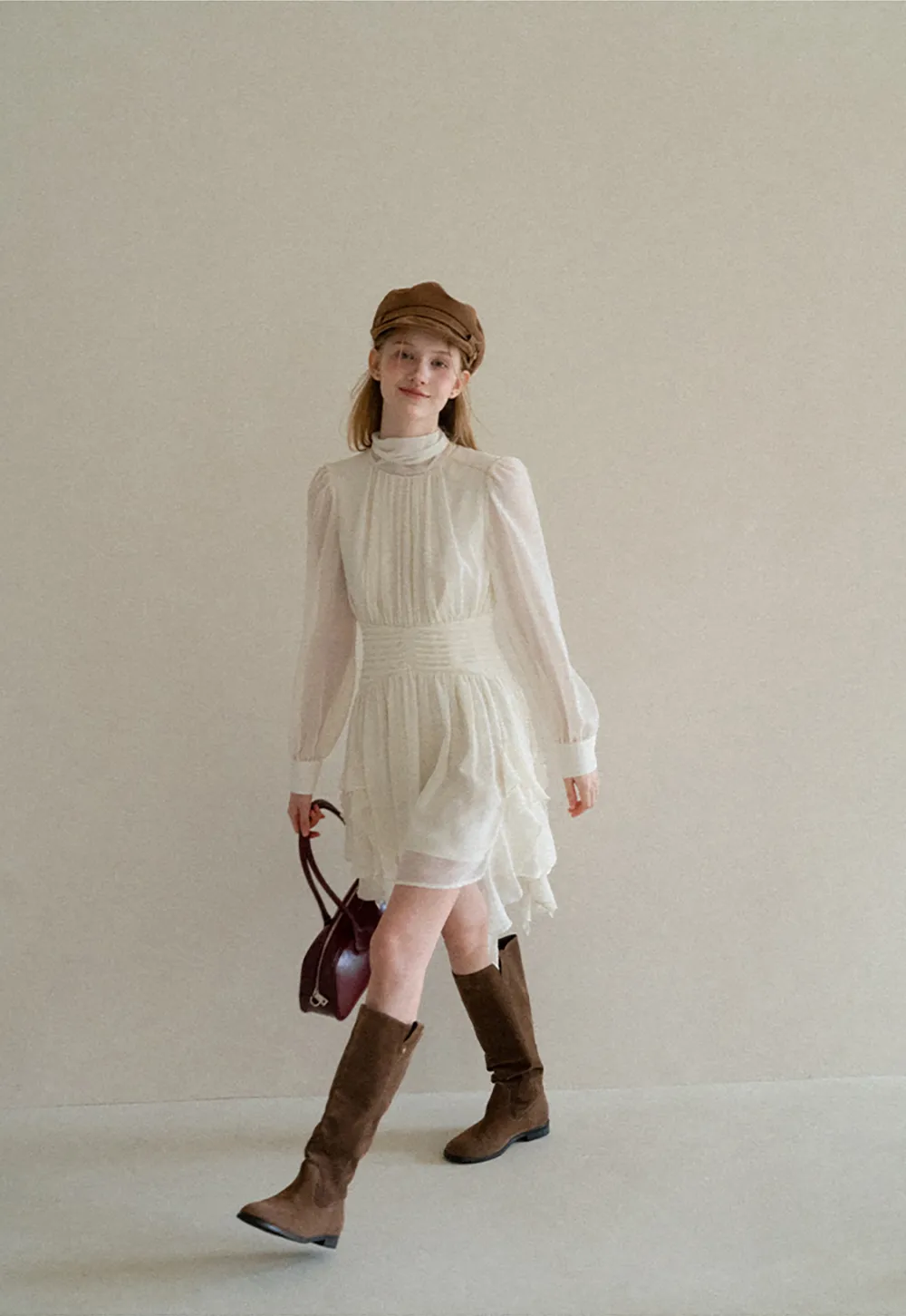 High Neck Pleated Long Sleeve Ruffled Hem Dress