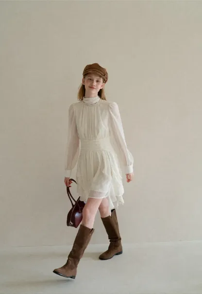 High Neck Pleated Long Sleeve Ruffled Hem Dress