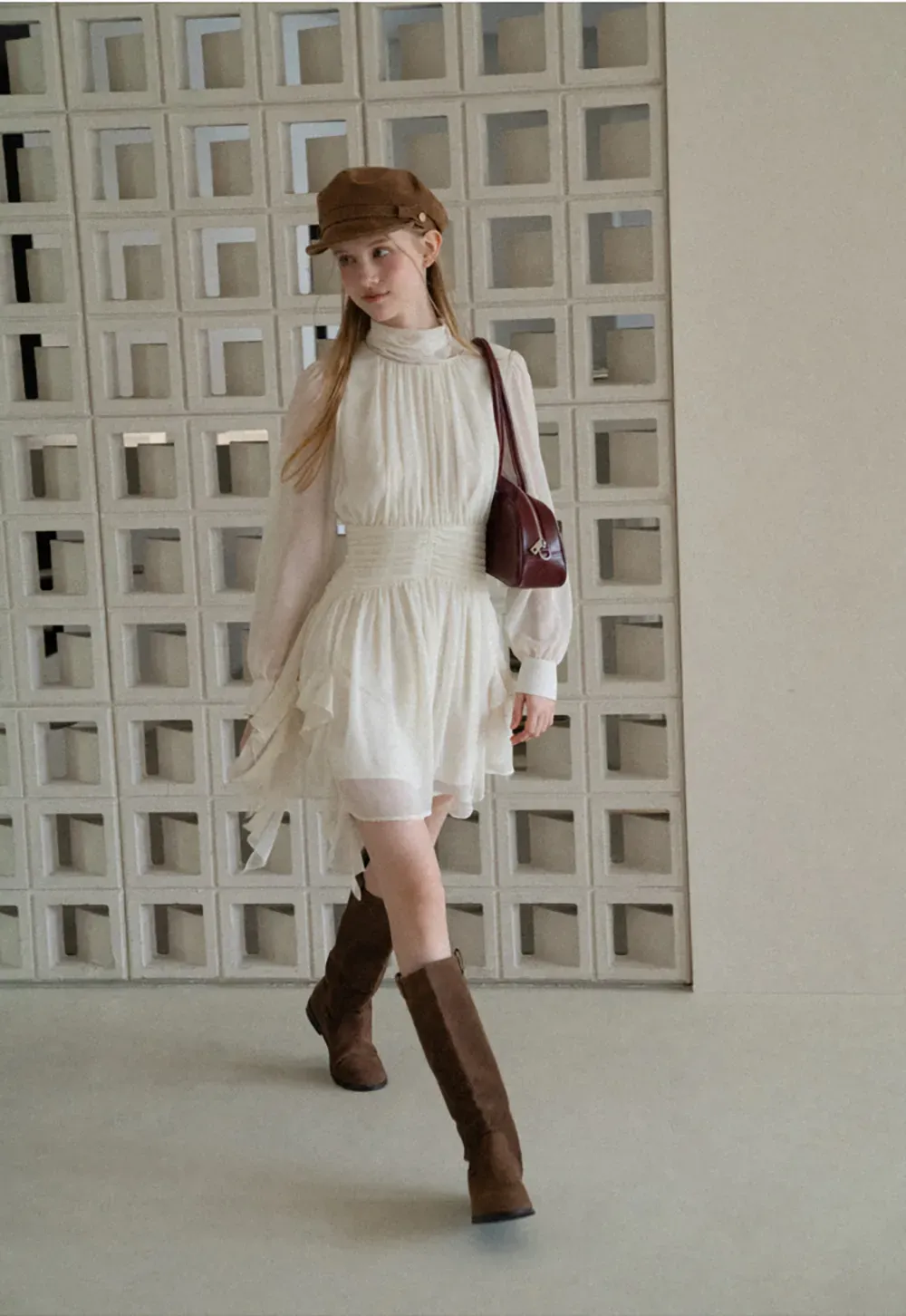 High Neck Pleated Long Sleeve Ruffled Hem Dress