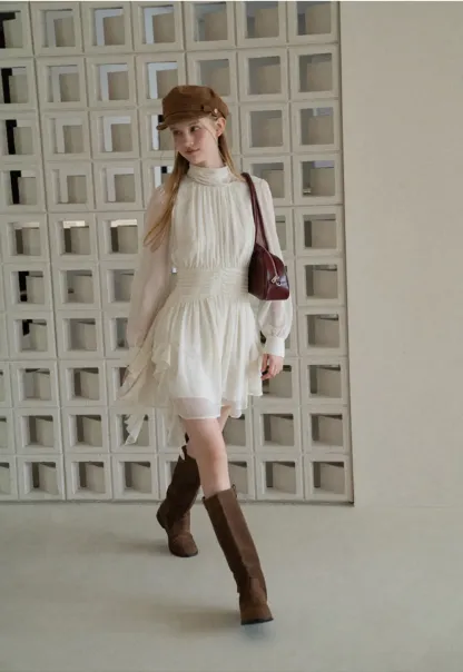 High Neck Pleated Long Sleeve Ruffled Hem Dress