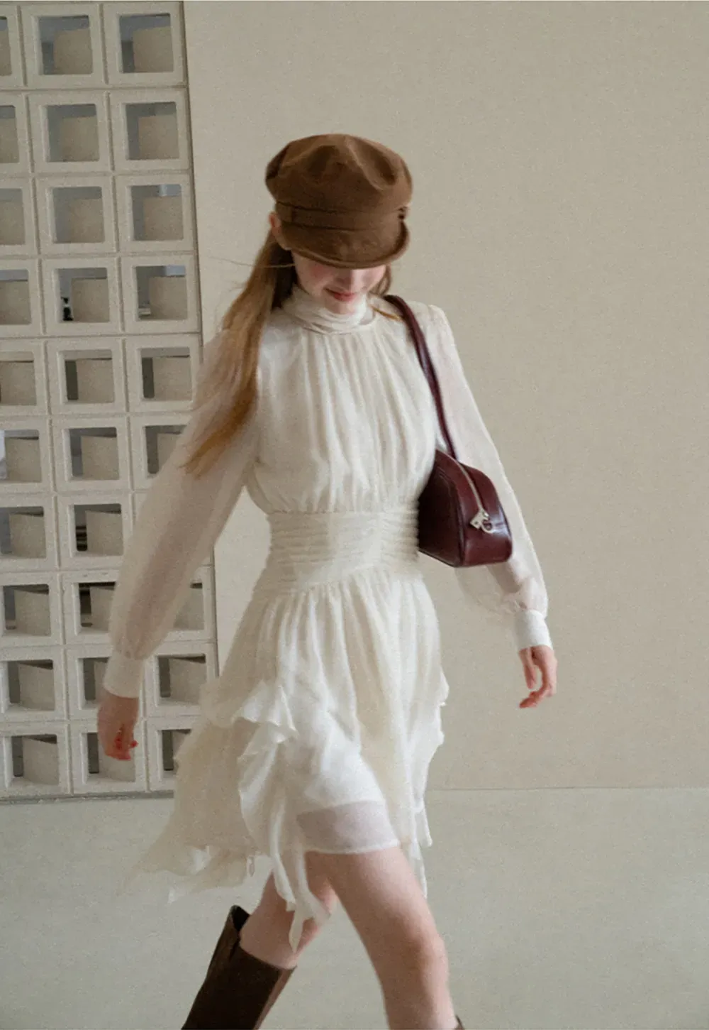 High Neck Pleated Long Sleeve Ruffled Hem Dress