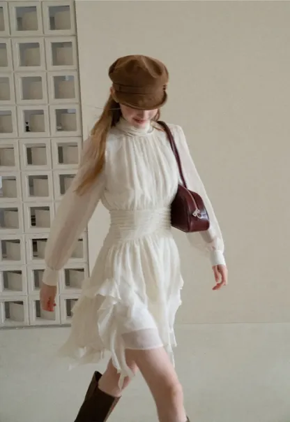 High Neck Pleated Long Sleeve Ruffled Hem Dress