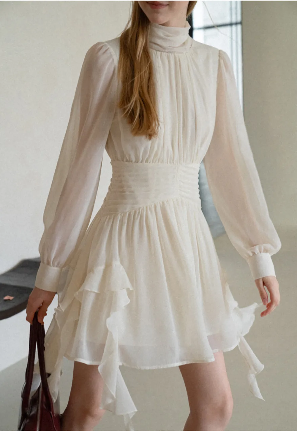 High Neck Pleated Long Sleeve Ruffled Hem Dress