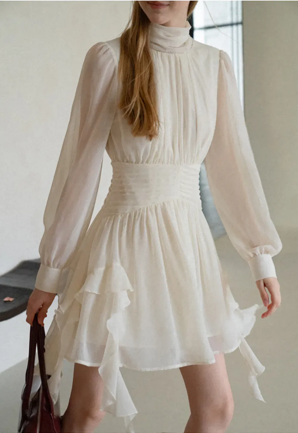High Neck Pleated Long Sleeve Ruffled Hem Dress