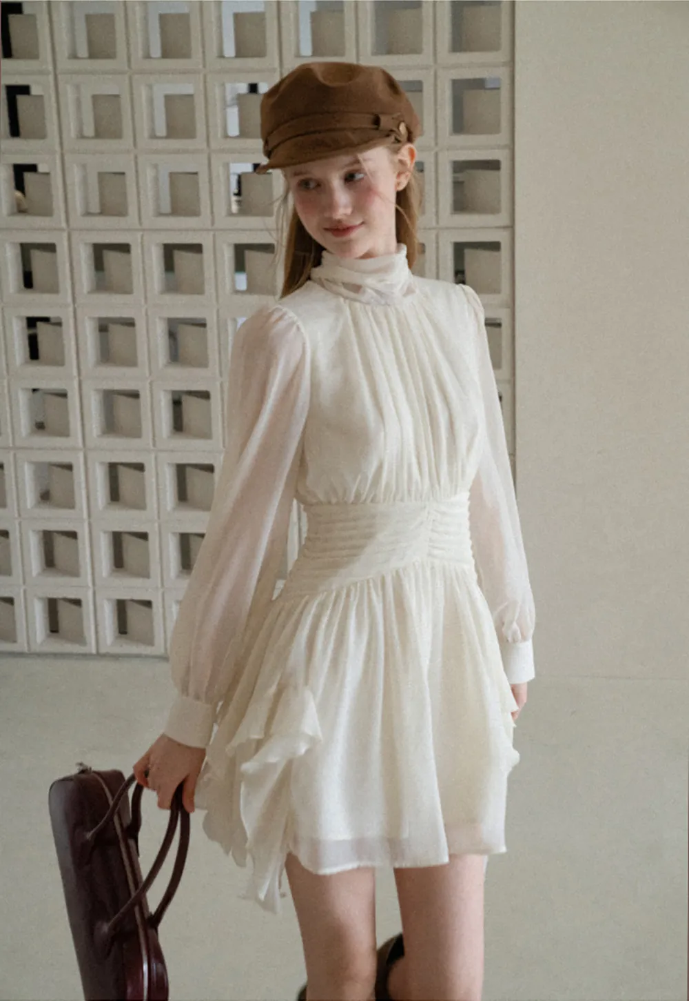 High Neck Pleated Long Sleeve Ruffled Hem Dress