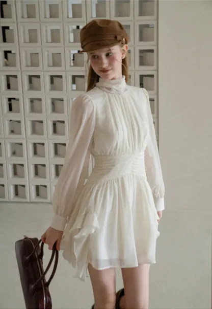 High Neck Pleated Long Sleeve Ruffled Hem Dress