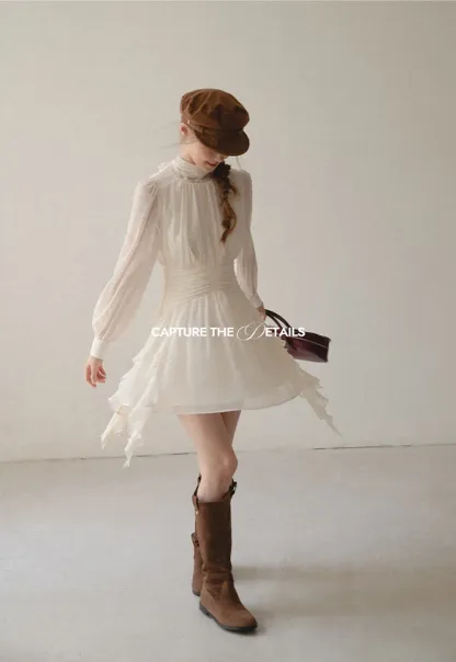 High Neck Pleated Long Sleeve Ruffled Hem Dress