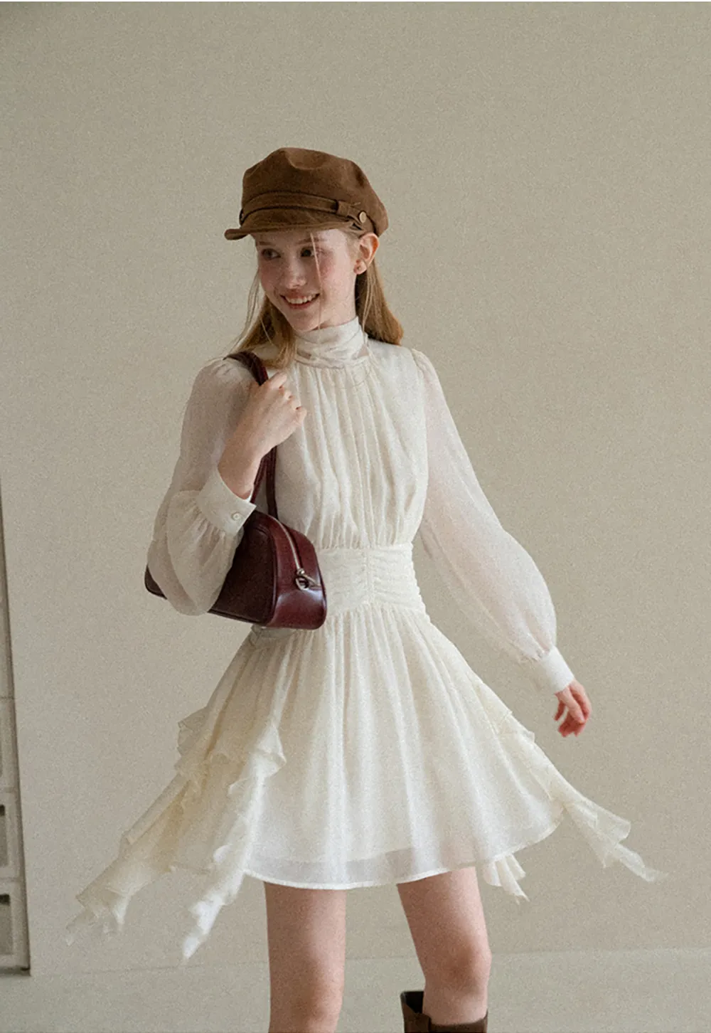 High Neck Pleated Long Sleeve Ruffled Hem Dress