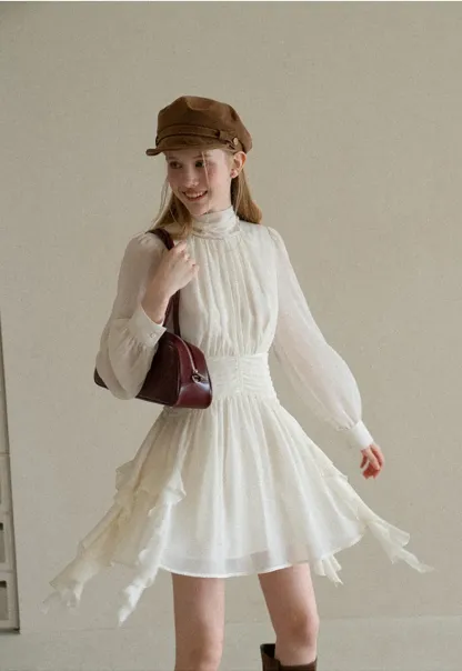 High Neck Pleated Long Sleeve Ruffled Hem Dress