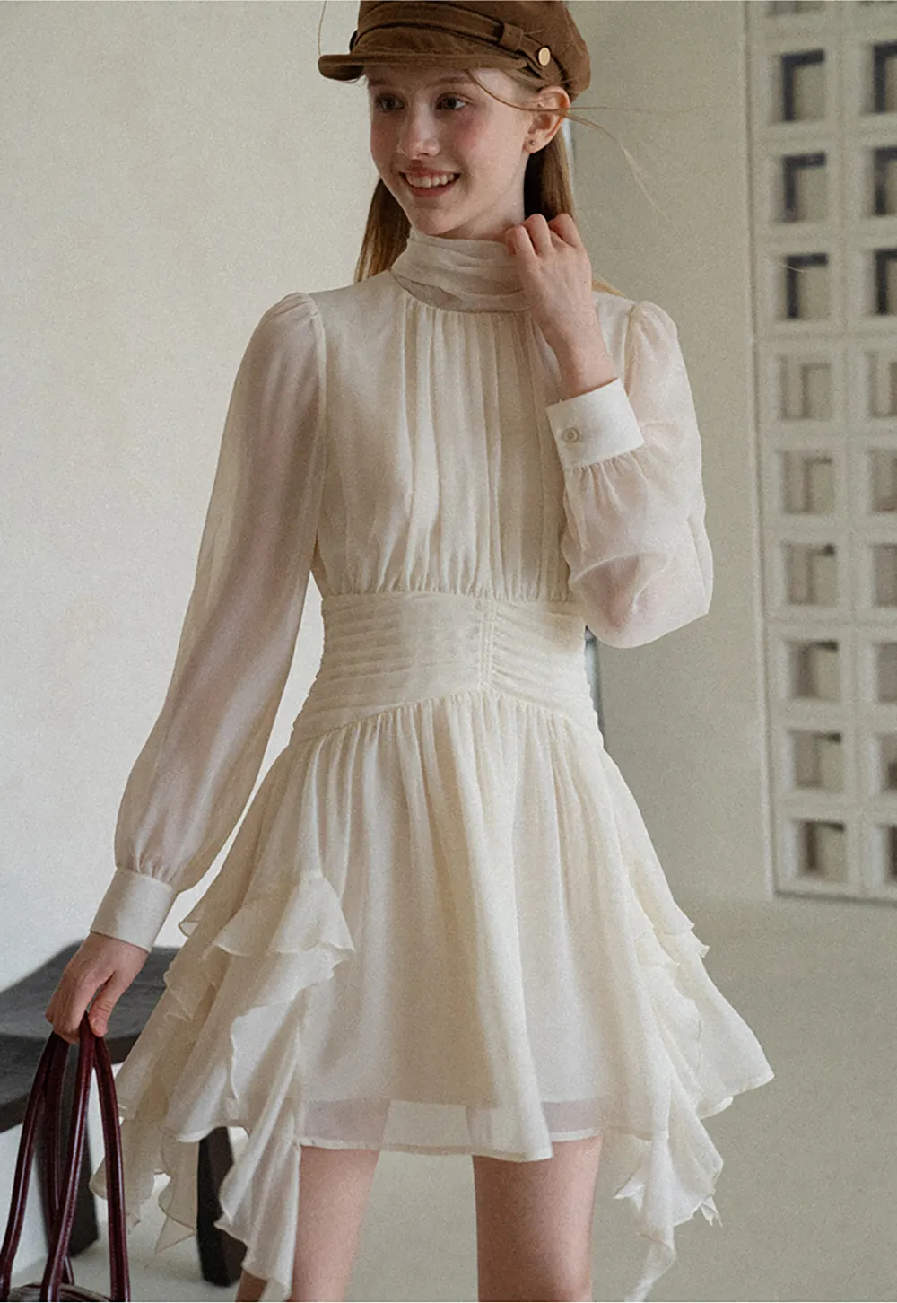 High Neck Pleated Long Sleeve Ruffled Hem Dress