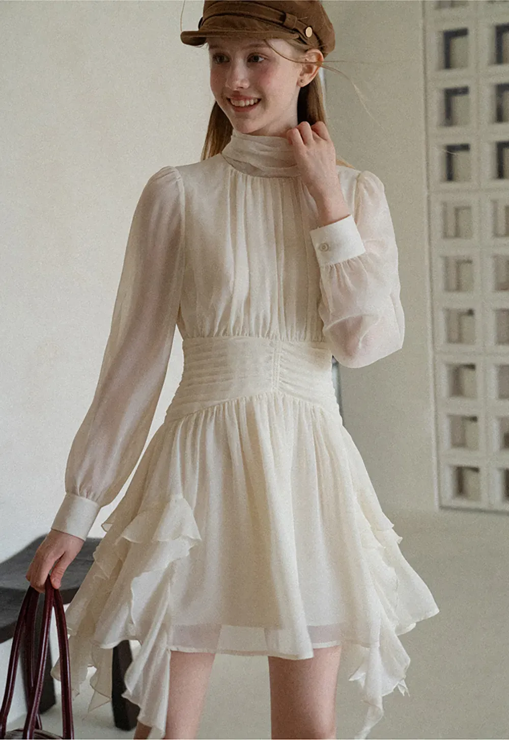 High Neck Pleated Long Sleeve Ruffled Hem Dress