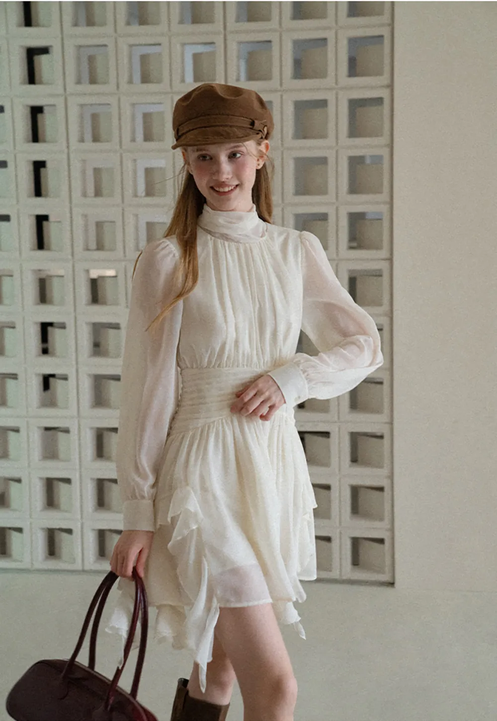 High Neck Pleated Long Sleeve Ruffled Hem Dress