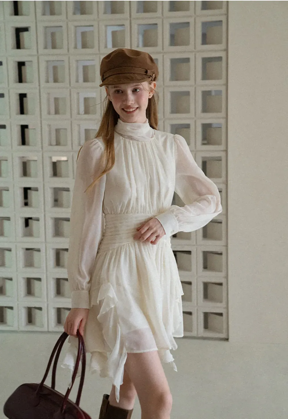 High Neck Pleated Long Sleeve Ruffled Hem Dress