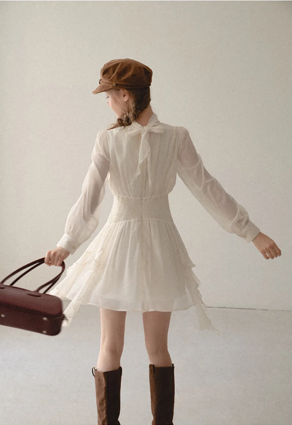 High Neck Pleated Long Sleeve Ruffled Hem Dress