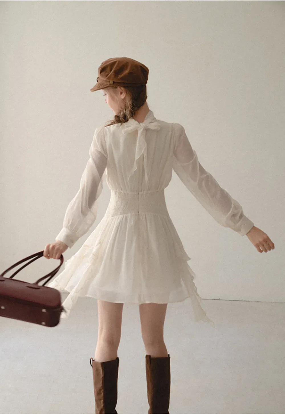 High Neck Pleated Long Sleeve Ruffled Hem Dress
