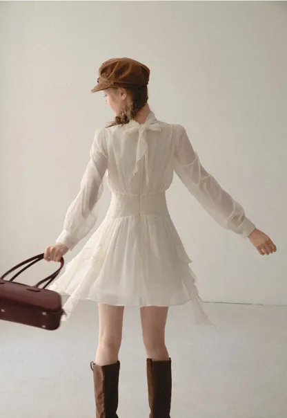 High Neck Pleated Long Sleeve Ruffled Hem Dress