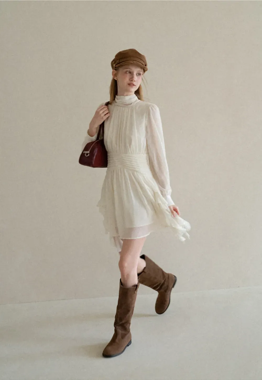 High Neck Pleated Long Sleeve Ruffled Hem Dress