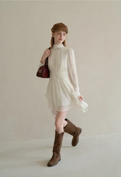High Neck Pleated Long Sleeve Ruffled Hem Dress