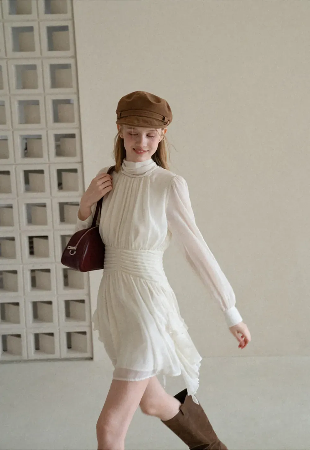 High Neck Pleated Long Sleeve Ruffled Hem Dress
