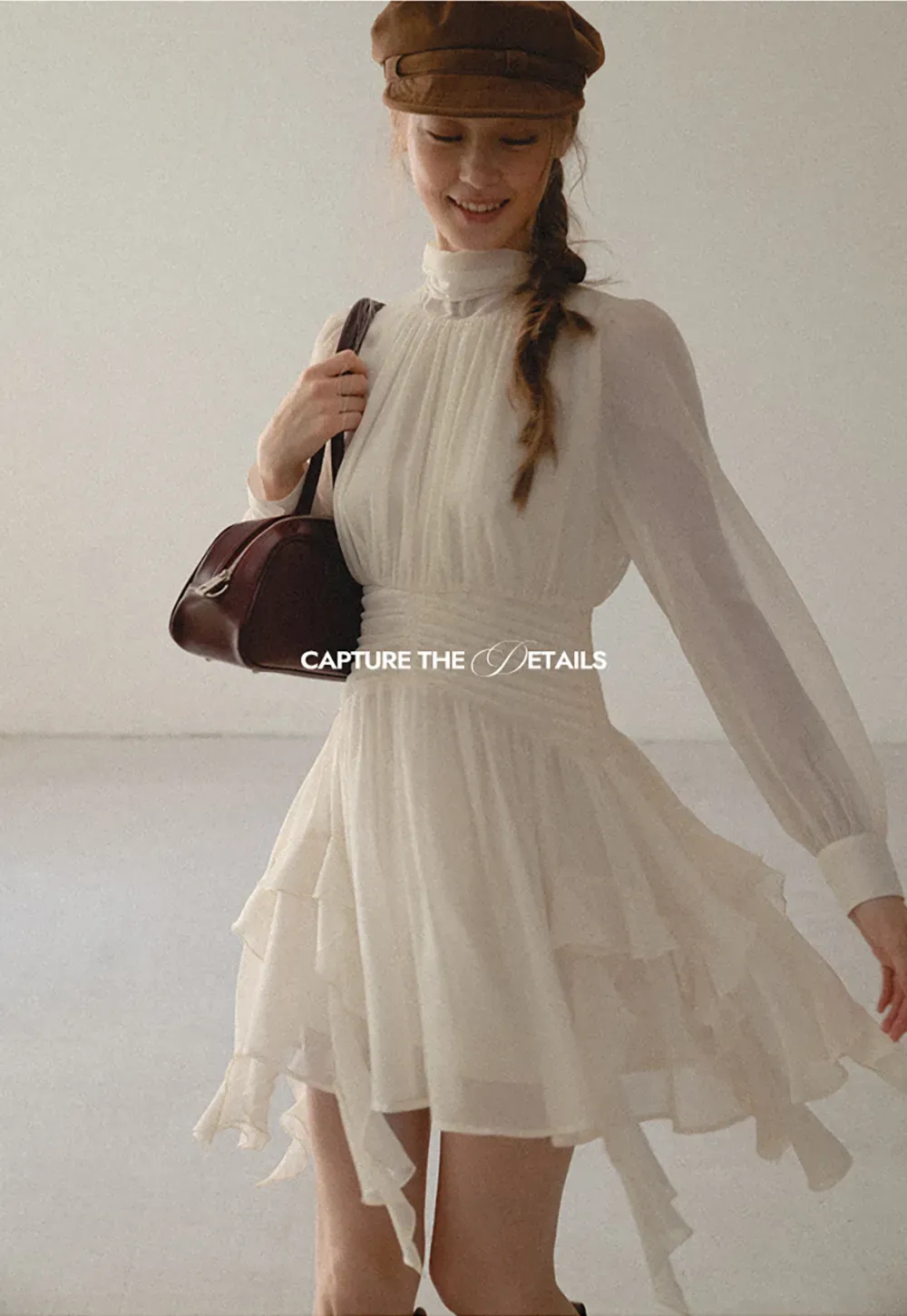 High Neck Pleated Long Sleeve Ruffled Hem Dress