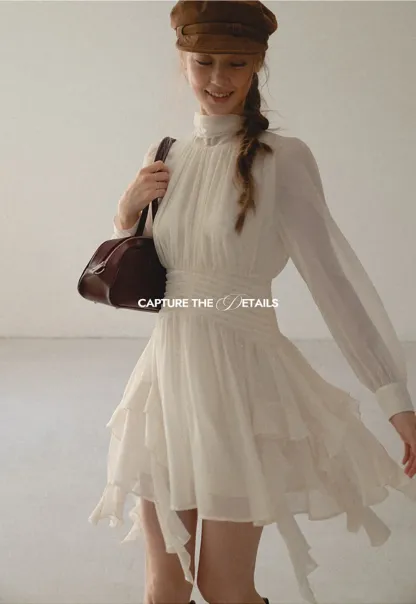 High Neck Pleated Long Sleeve Ruffled Hem Dress