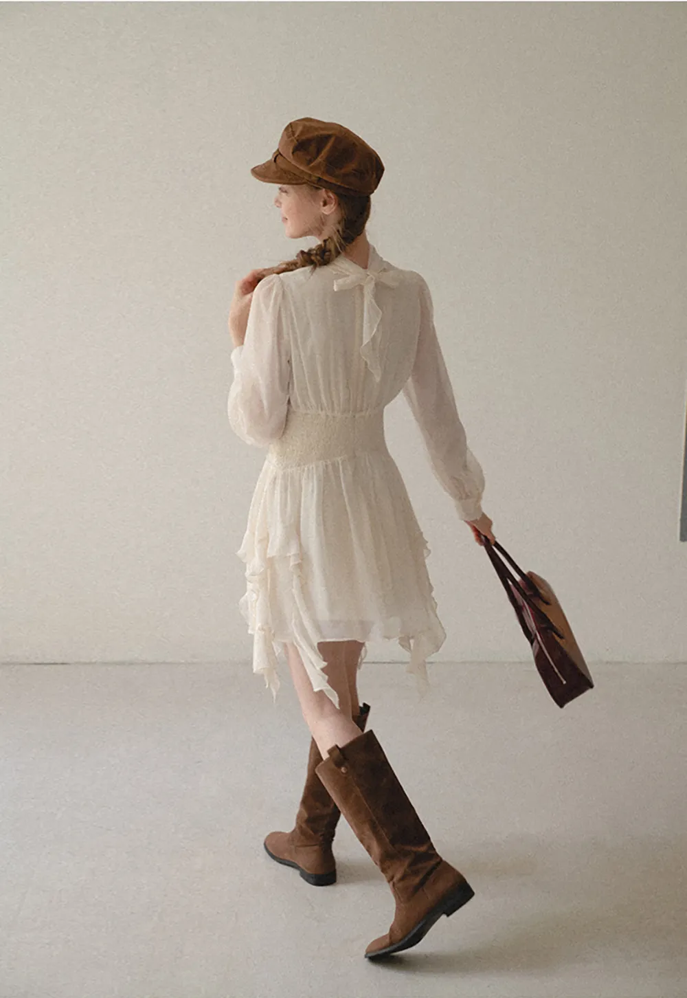 High Neck Pleated Long Sleeve Ruffled Hem Dress
