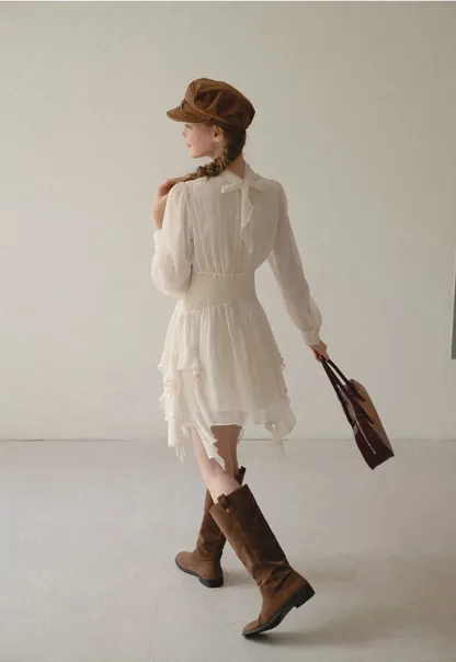 High Neck Pleated Long Sleeve Ruffled Hem Dress