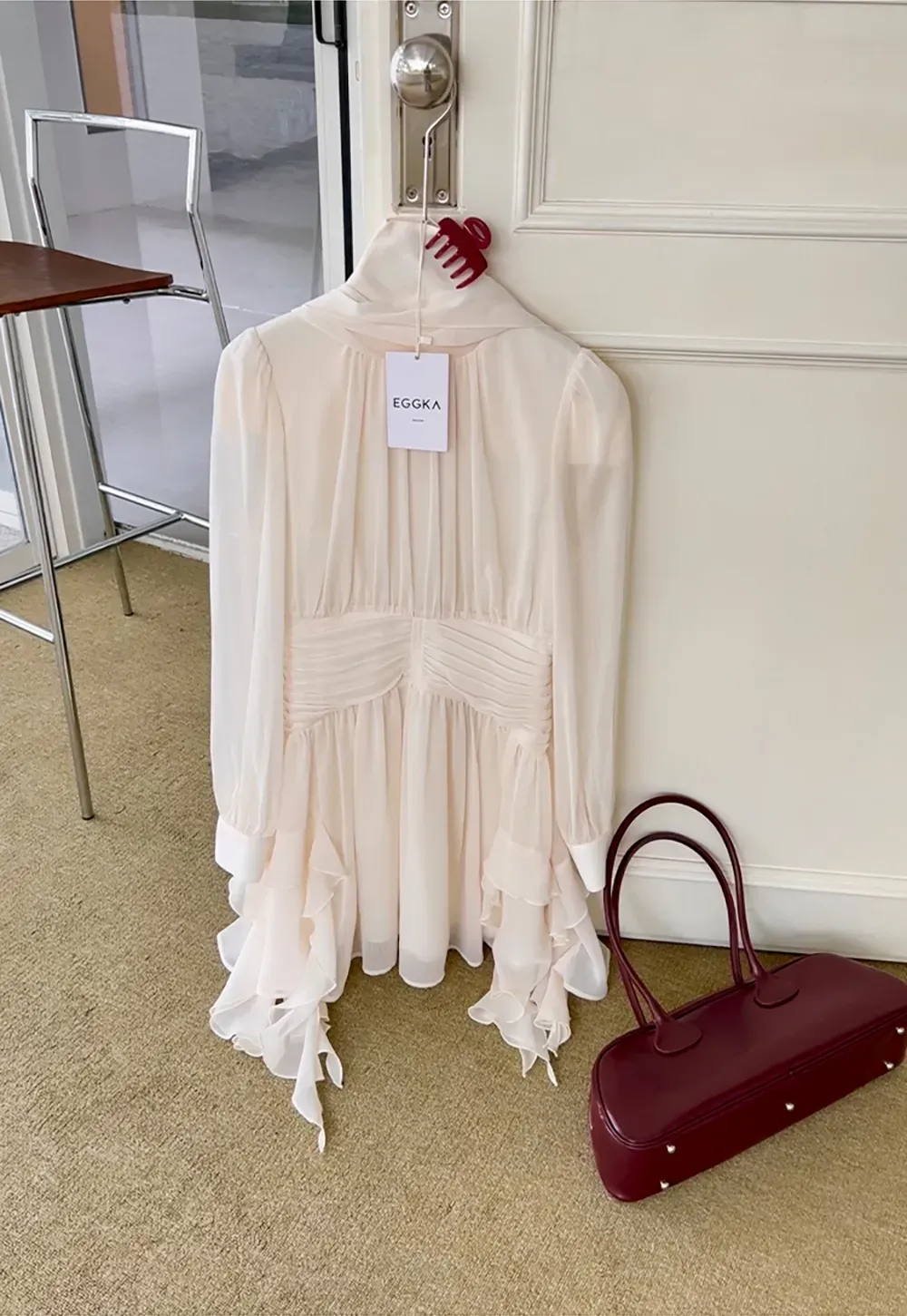 High Neck Pleated Long Sleeve Ruffled Hem Dress