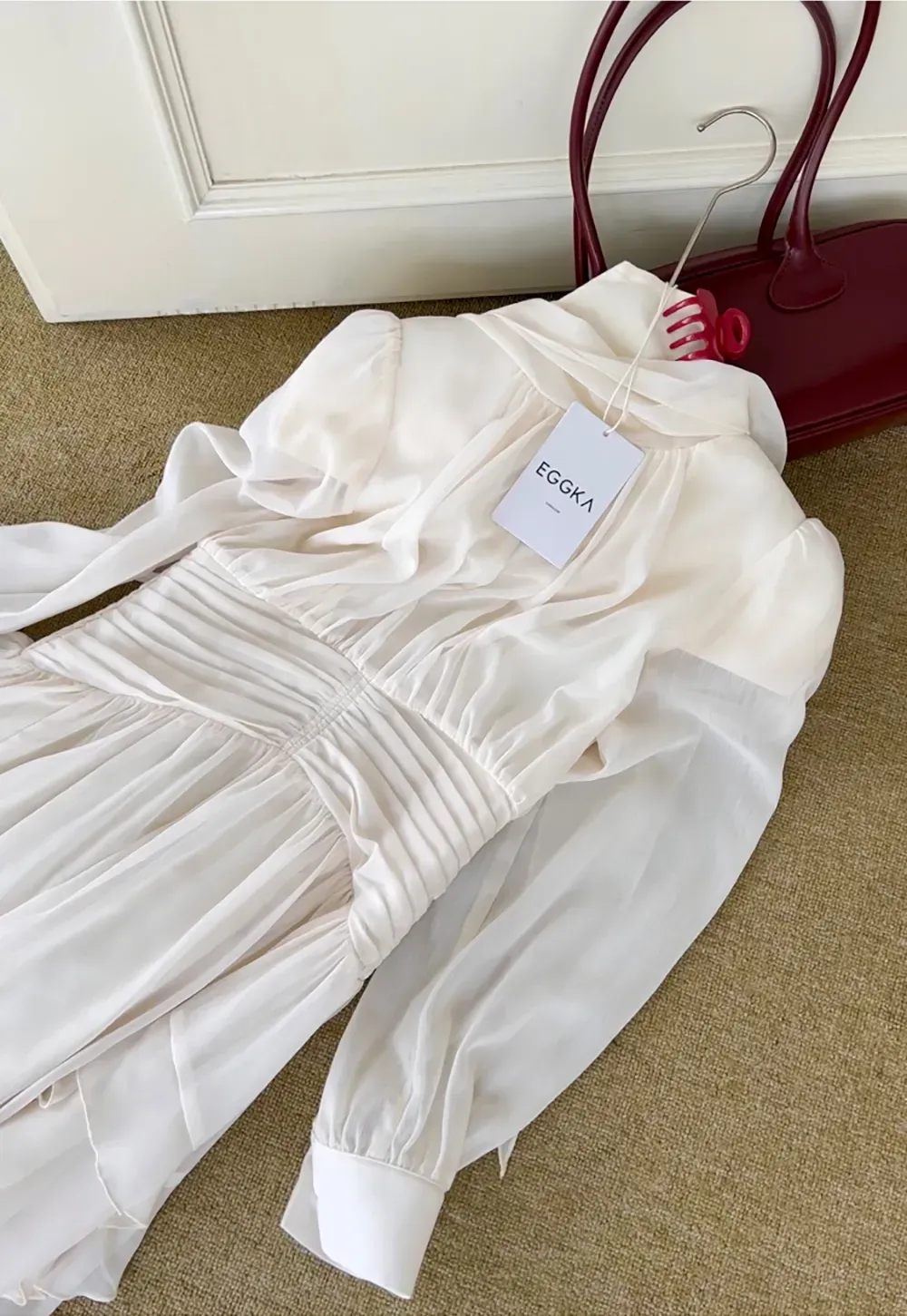 High Neck Pleated Long Sleeve Ruffled Hem Dress