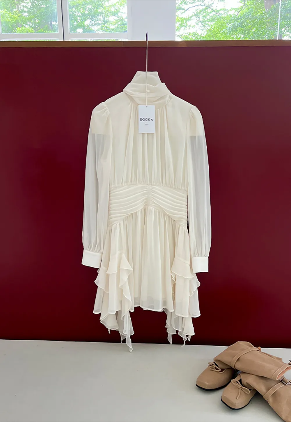 High Neck Pleated Long Sleeve Ruffled Hem Dress