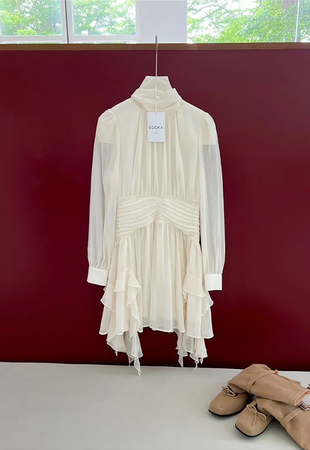 High Neck Pleated Long Sleeve Ruffled Hem Dress