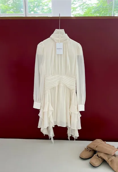 High Neck Pleated Long Sleeve Ruffled Hem Dress
